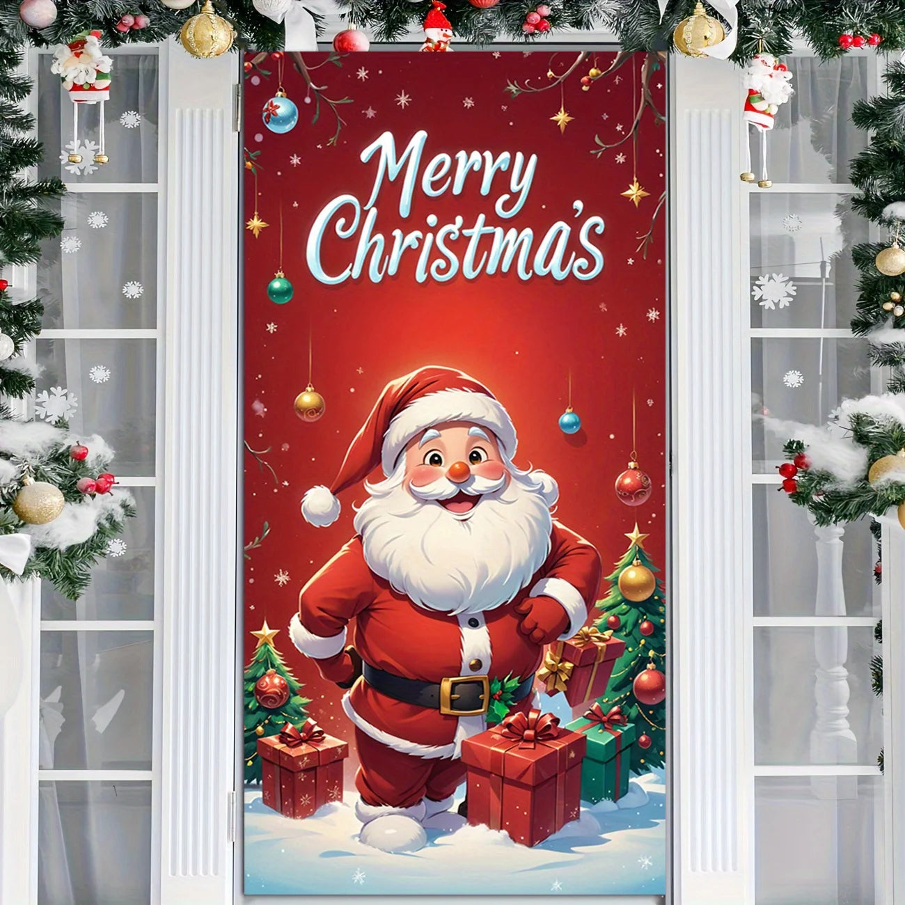 Santa Claus giving gifts theme Christmas decoration door cover, suitable for home and party