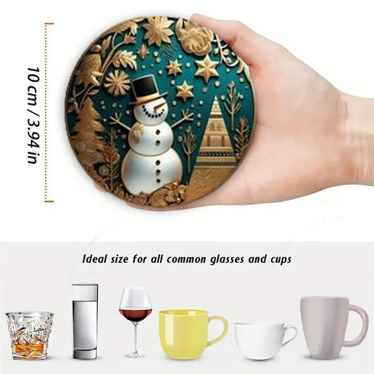 A set of 6-piece Christmas-themed wooden round coasters is suitable for kitchenware and can be given as a Christmas gift