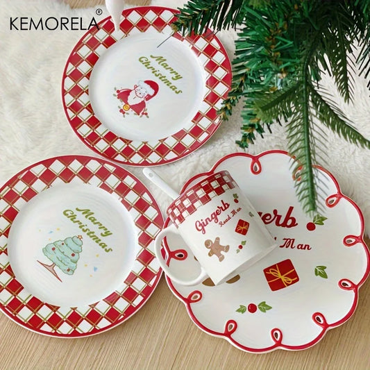 Christmas Ceramic Plate with Cups Platter Serving Tray Porcelain Dish for Fruit Appetizer Dessert Candy Snack Salad Dinnerware