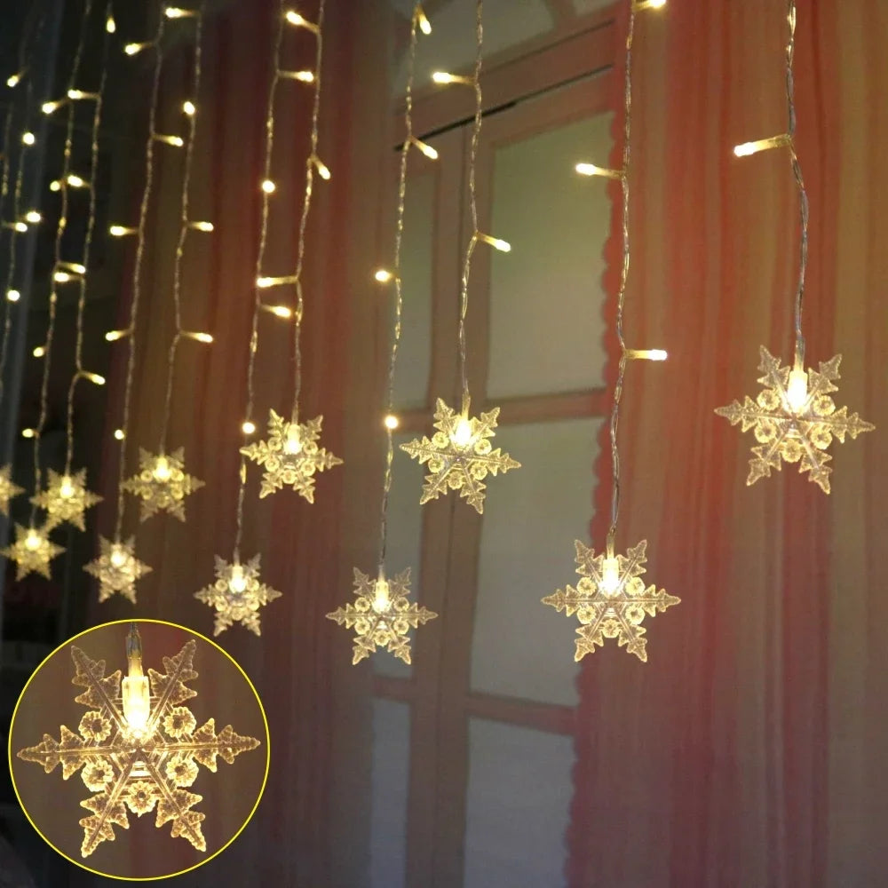Christmas Snowflake Fairy Lights 4M 96Led Curtain Lights Snowflake String Lights for Halloween Thanksgiving Christmas Decoration