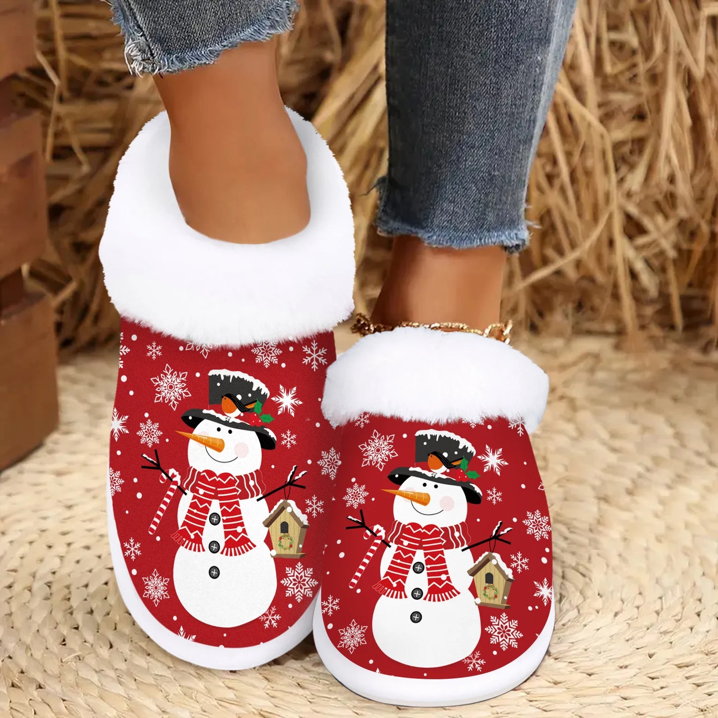 Cozy Indoor/Outdoor Holiday House Shoes with Non-Slip Rubber Sole, Warm Plush Lining, and Merry Christmas Design for Women