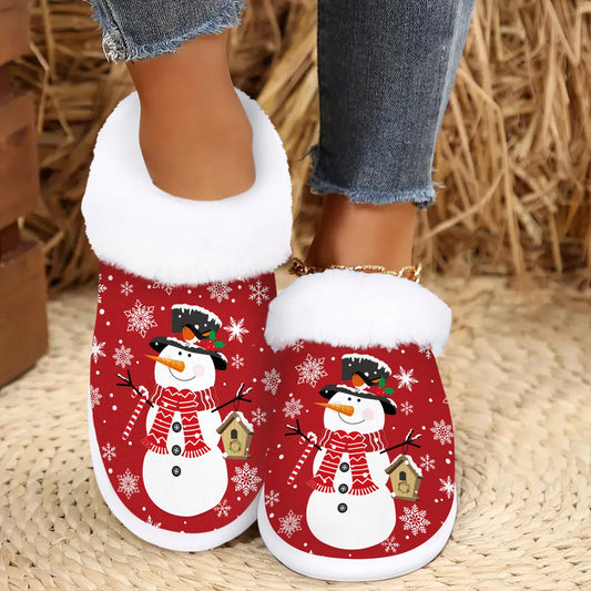 Cozy Indoor/Outdoor Holiday House Shoes with Non-Slip Rubber Sole, Warm Plush Lining, and Merry Christmas Design for Women