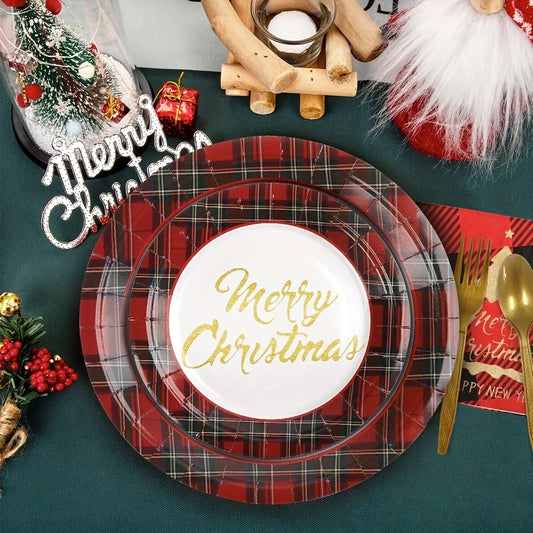 50pcs of Christmas-themed tableware, disposable paper plates, cups and napkins, hand-painted Christmas tree pattern tableware