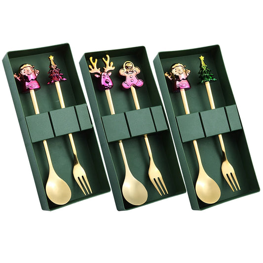 Christmas Theme Dinnerware Set with Gift Box Metal Elk Christmas Hat Tree Fork Spoon Cutlery Set Gold Stainless Steel Tableware