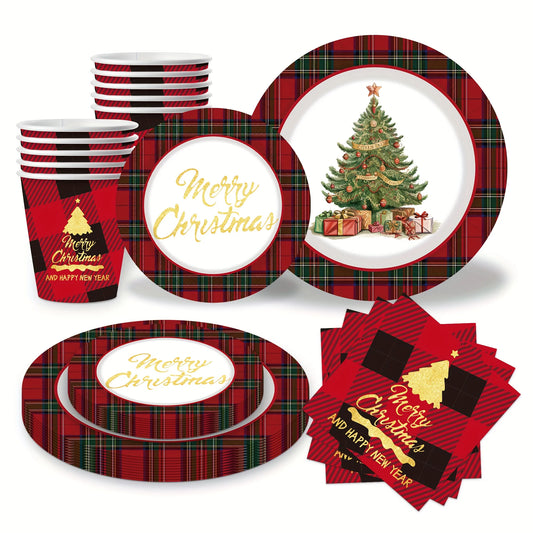 50pcs of Christmas-themed tableware, disposable paper plates, cups and napkins, hand-painted Christmas tree pattern tableware