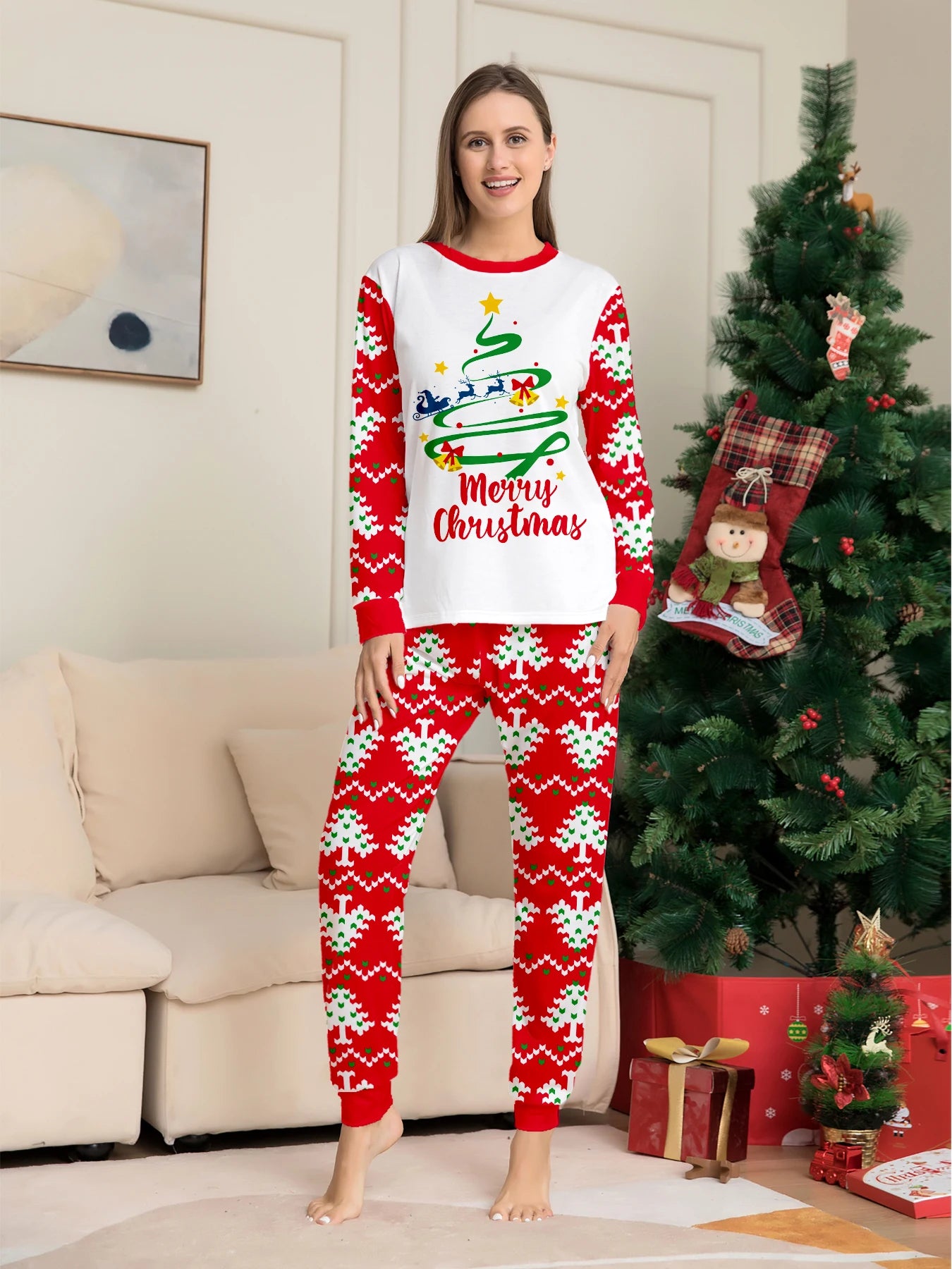 Cozy Christmas Couple Pajamas: 'Merry Christmas' Tree - Themed Tops + Red Knit Tree Pants