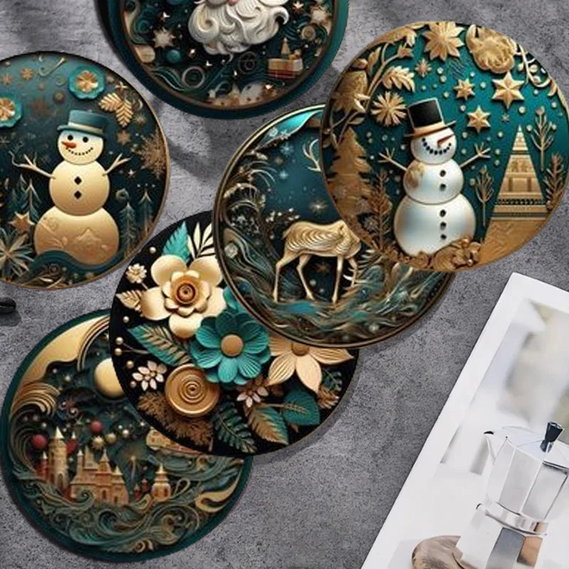 A set of 6-piece Christmas-themed wooden round coasters is suitable for kitchenware and can be given as a Christmas gift