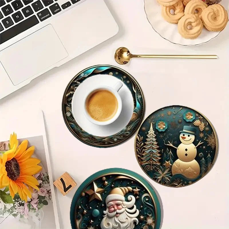 A set of 6-piece Christmas-themed wooden round coasters is suitable for kitchenware and can be given as a Christmas gift