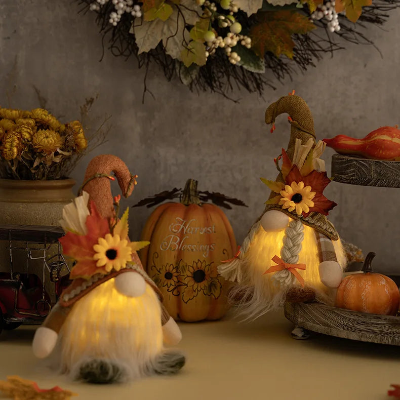Glowing Faceless Gnomes Doll Handmade Maple Leaf Sunflower Dwarf Doll Pendant Home Autumn Thanksgiving Day Christmas Decoration