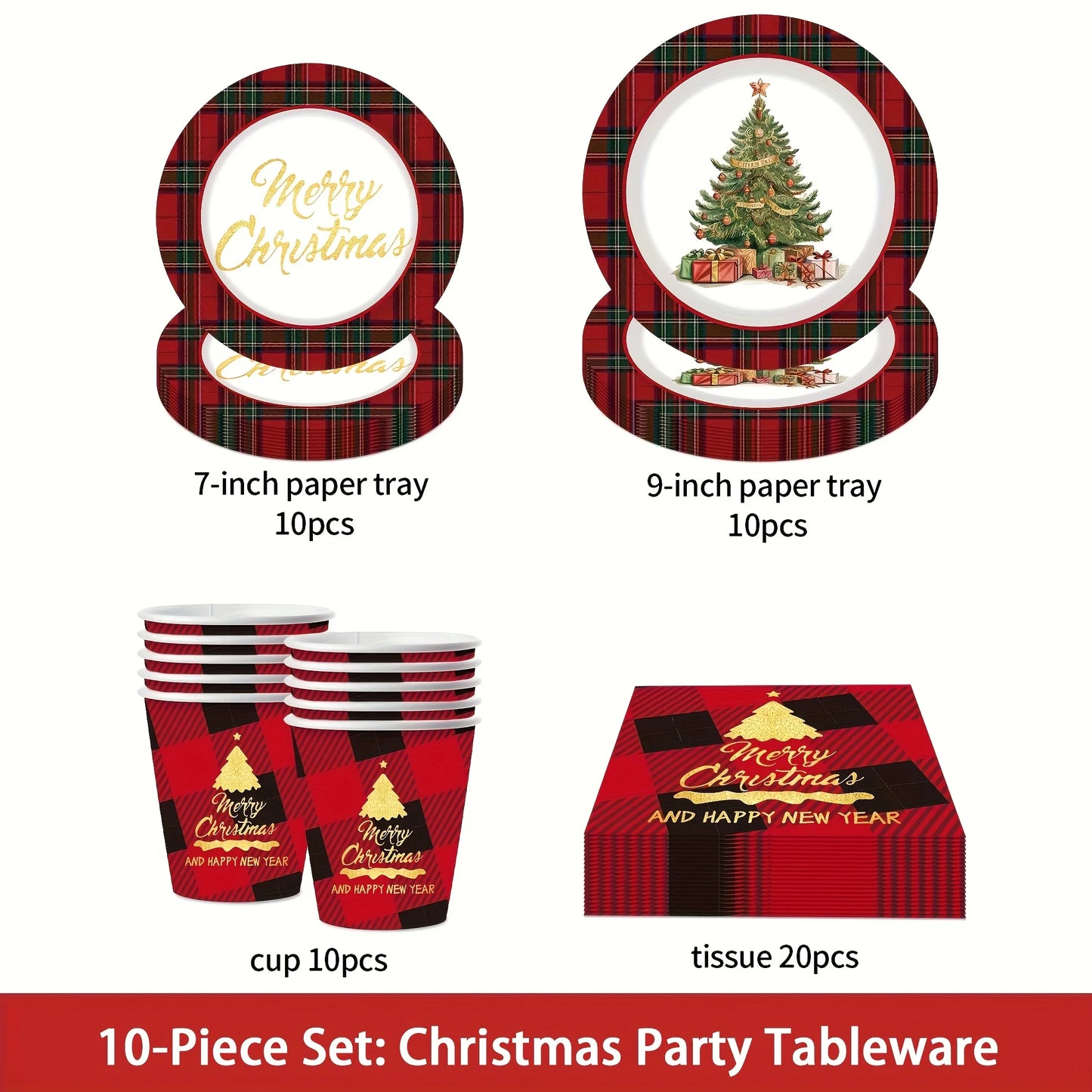 50pcs of Christmas-themed tableware, disposable paper plates, cups and napkins, hand-painted Christmas tree pattern tableware