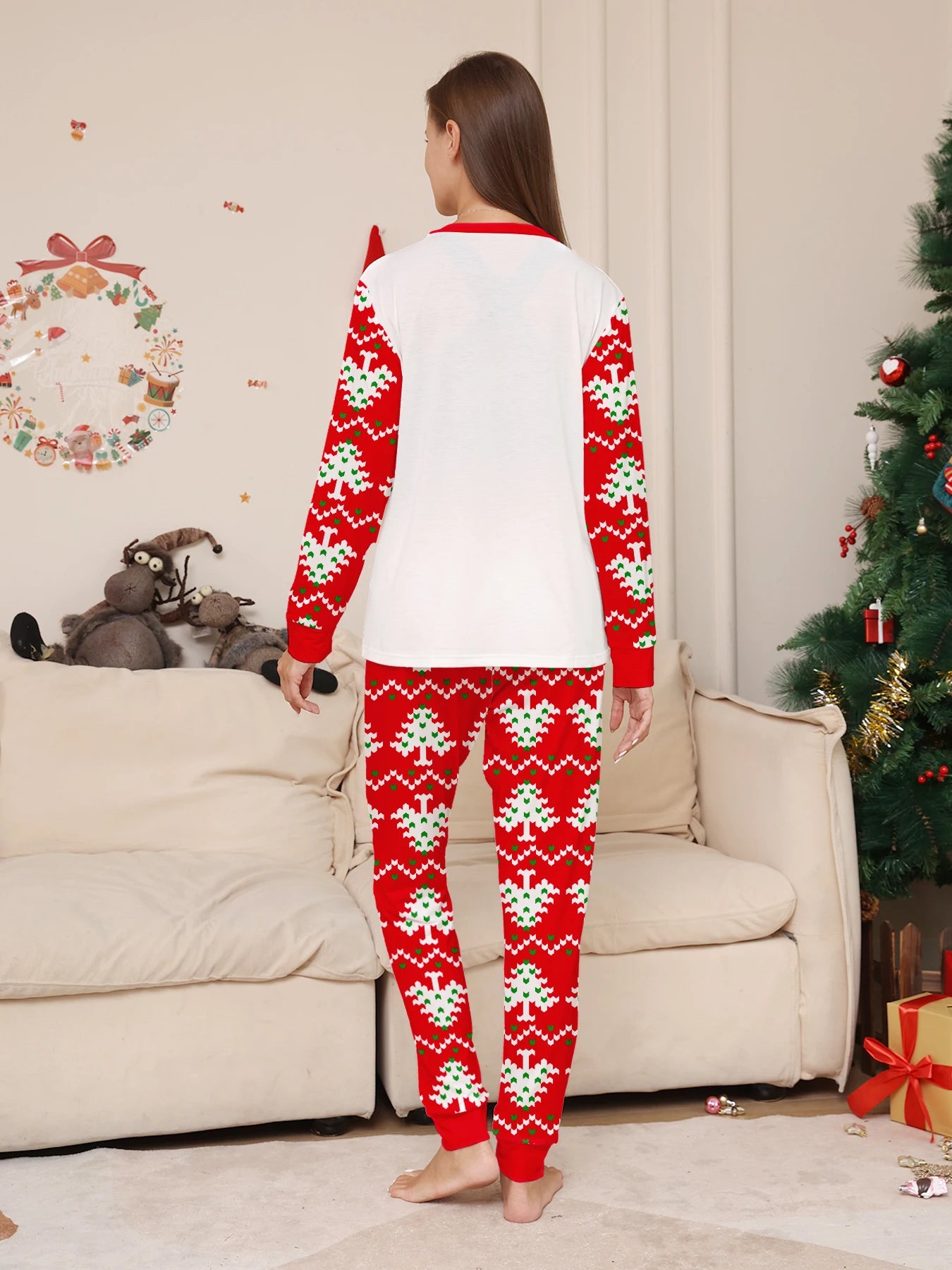 Cozy Christmas Couple Pajamas: 'Merry Christmas' Tree - Themed Tops + Red Knit Tree Pants