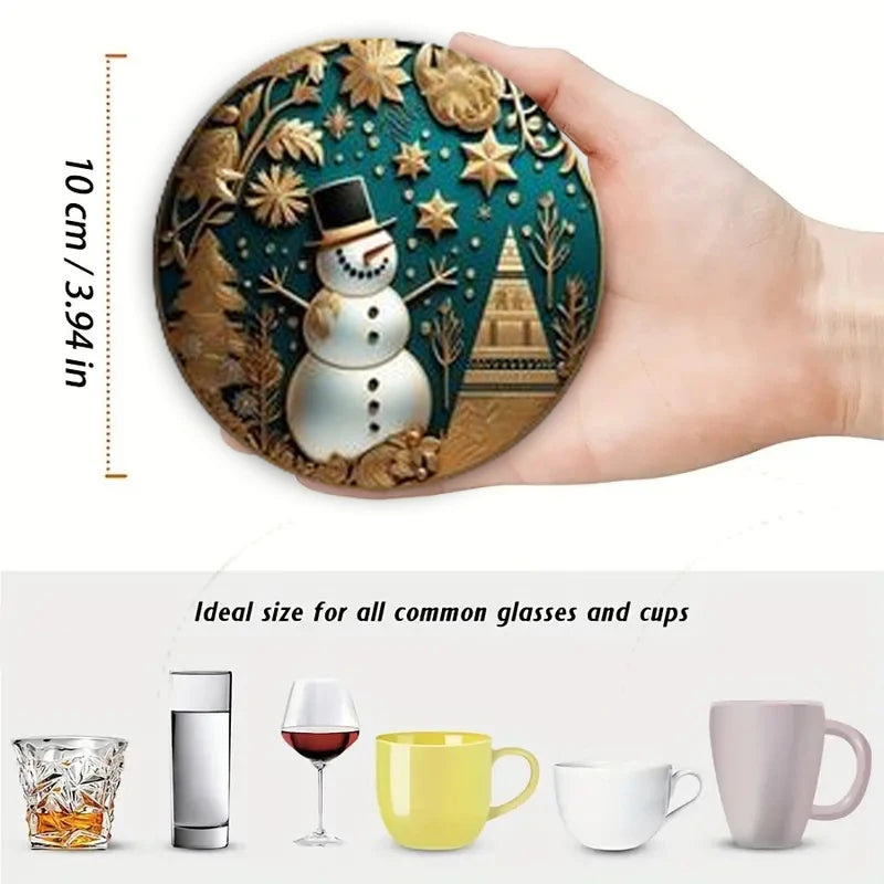 A set of 6-piece Christmas-themed wooden round coasters is suitable for kitchenware and can be given as a Christmas gift