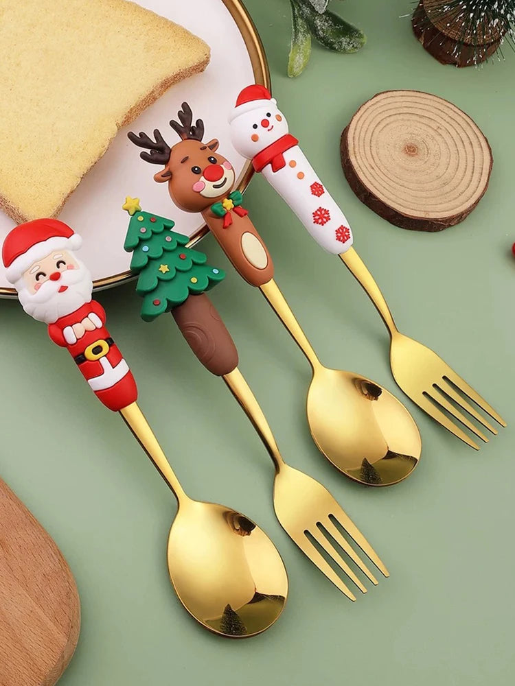 Christmas Cutlery Set Christmas Stainless Steel Forks and Spoons Dessert Spoon Fork Kitchen Utensil for Dinners & Seasonal