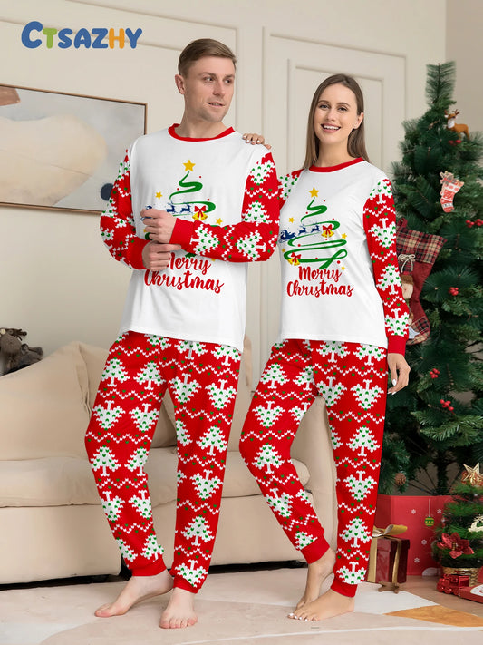 Cozy Christmas Couple Pajamas: 'Merry Christmas' Tree - Themed Tops + Red Knit Tree Pants