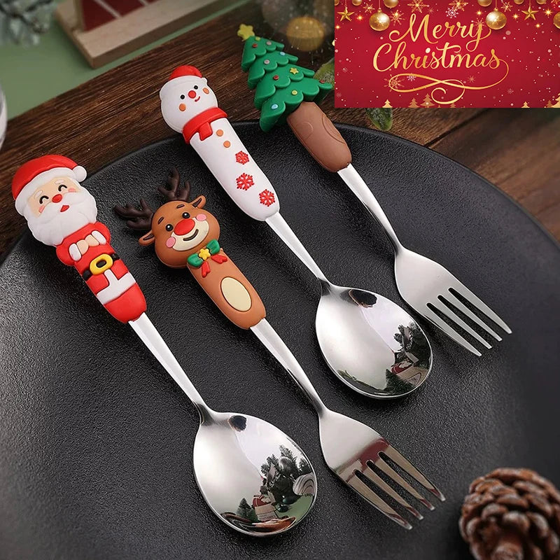 Christmas Cutlery Set Christmas Stainless Steel Forks and Spoons Dessert Spoon Fork Kitchen Utensil for Dinners & Seasonal