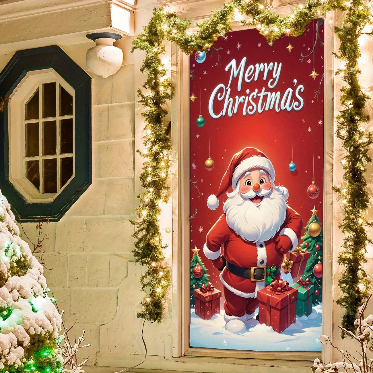 Santa Claus giving gifts theme Christmas decoration door cover, suitable for home and party