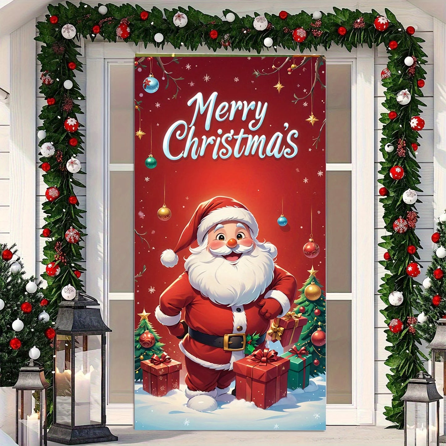 Santa Claus giving gifts theme Christmas decoration door cover, suitable for home and party