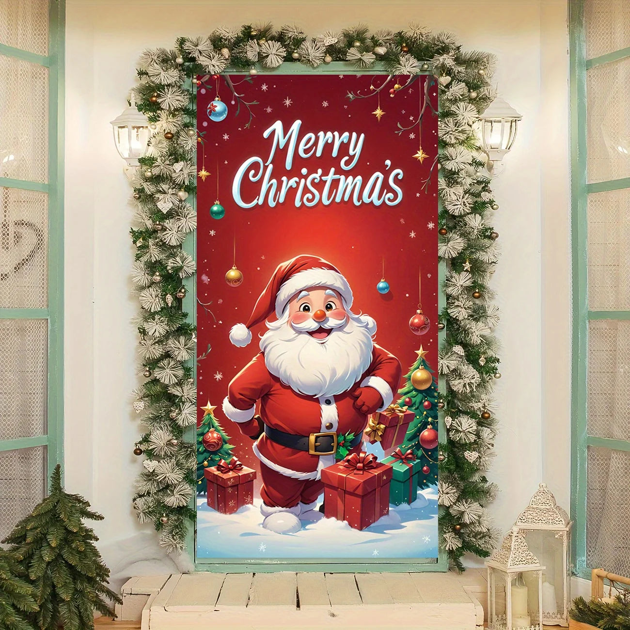 Santa Claus giving gifts theme Christmas decoration door cover, suitable for home and party