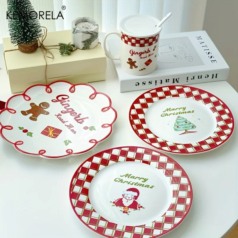 Christmas Ceramic Plate with Cups Platter Serving Tray Porcelain Dish for Fruit Appetizer Dessert Candy Snack Salad Dinnerware