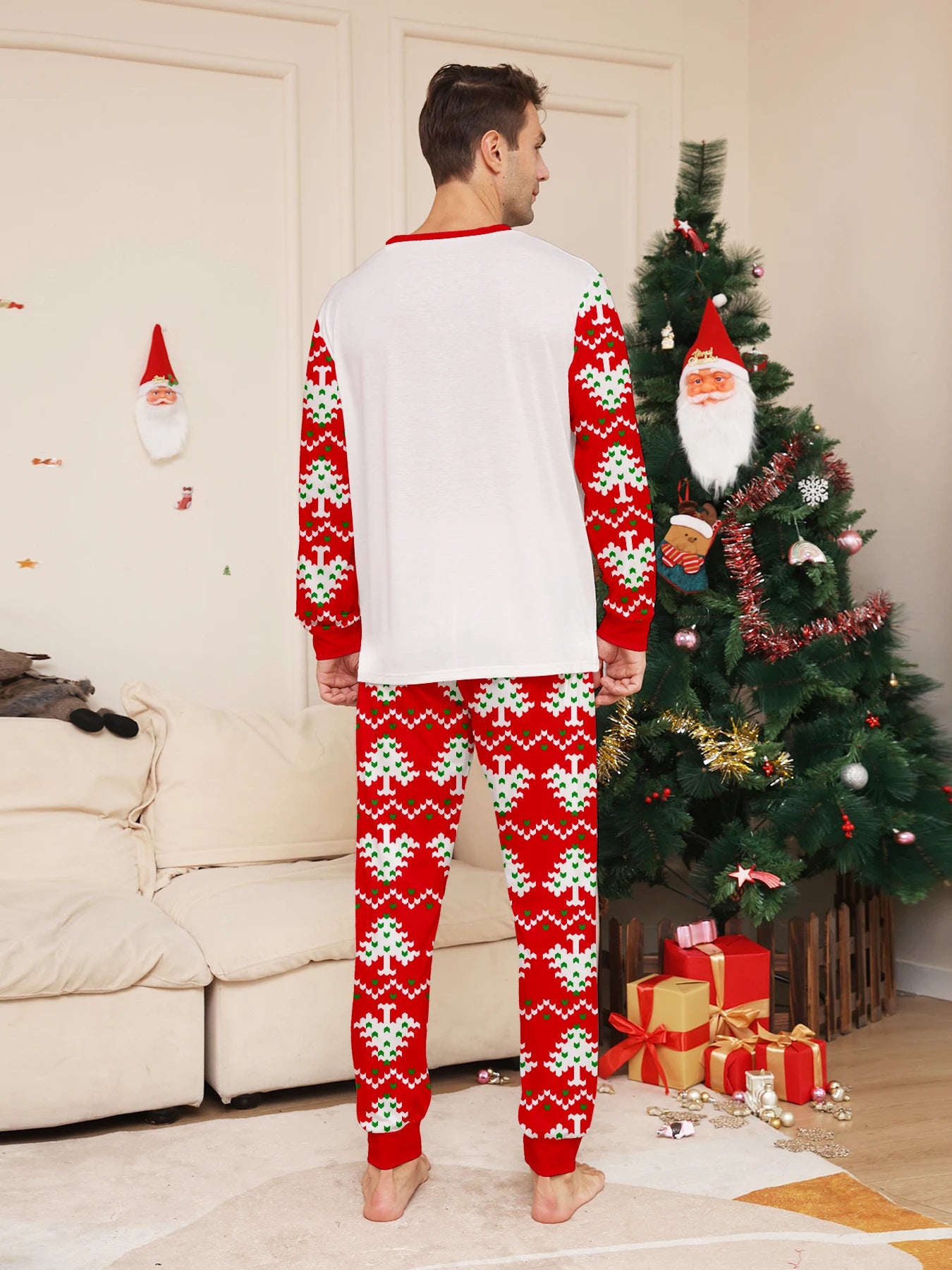 Cozy Christmas Couple Pajamas: 'Merry Christmas' Tree - Themed Tops + Red Knit Tree Pants