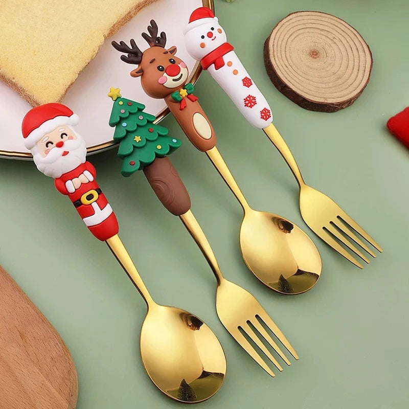 Christmas Cutlery Set Christmas Stainless Steel Forks and Spoons Dessert Spoon Fork Kitchen Utensil for Dinners & Seasonal