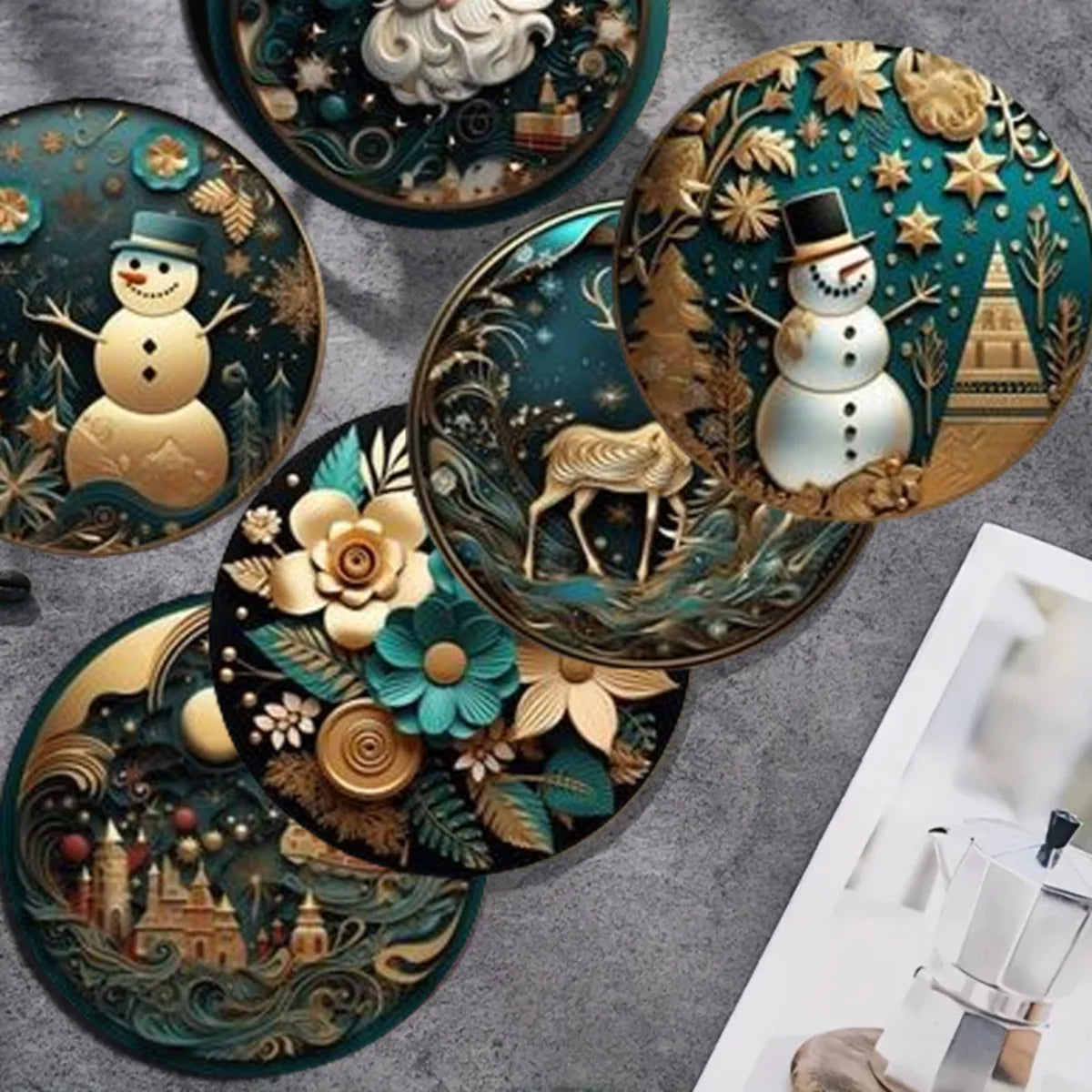 A set of 6-piece Christmas-themed wooden round coasters is suitable for kitchenware and can be given as a Christmas gift