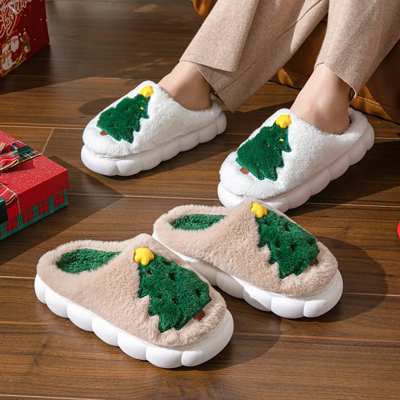 Christmas Themed Plush Slippers for Women and Men Cozy Home Winter Indoor Soft Cotton Shoes New Holiday Design