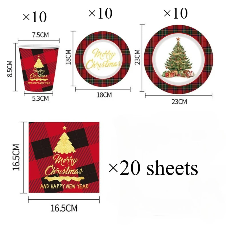 50pcs of Christmas-themed tableware, disposable paper plates, cups and napkins, hand-painted Christmas tree pattern tableware