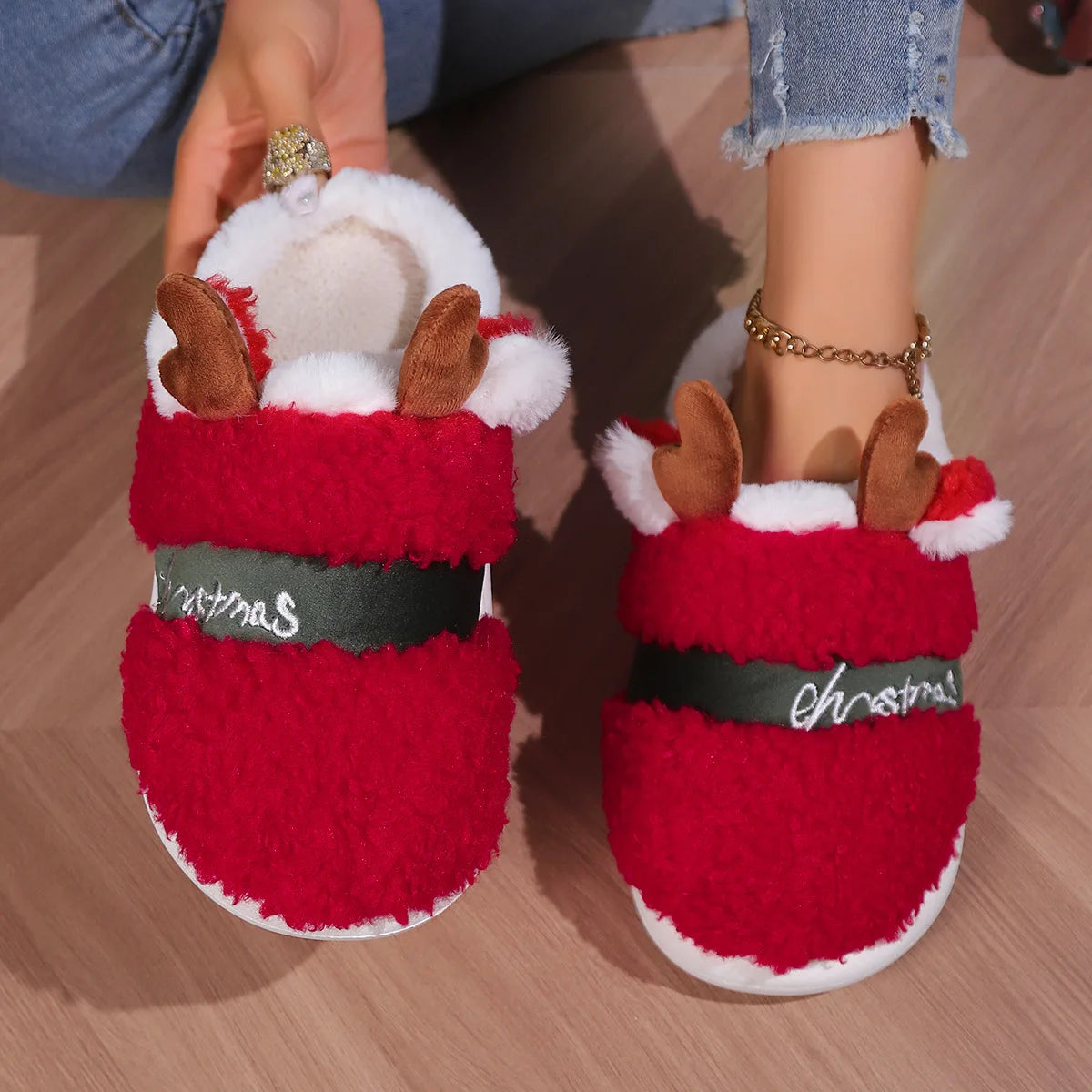Winter Christmas Cotton Slippers Plush Warm Cozy House Shoes Unisex Indoor Footwear Holiday Gift Idea for Men and Women