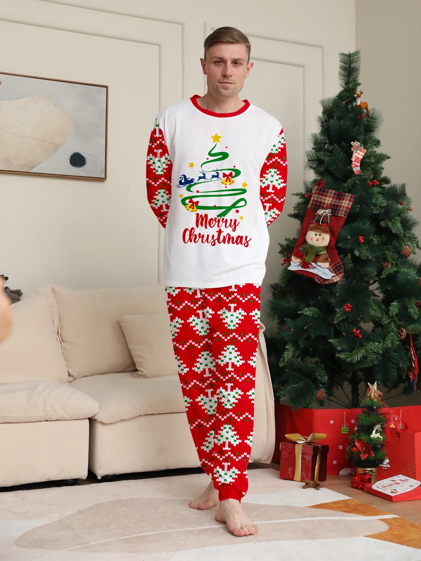 Cozy Christmas Couple Pajamas: 'Merry Christmas' Tree - Themed Tops + Red Knit Tree Pants