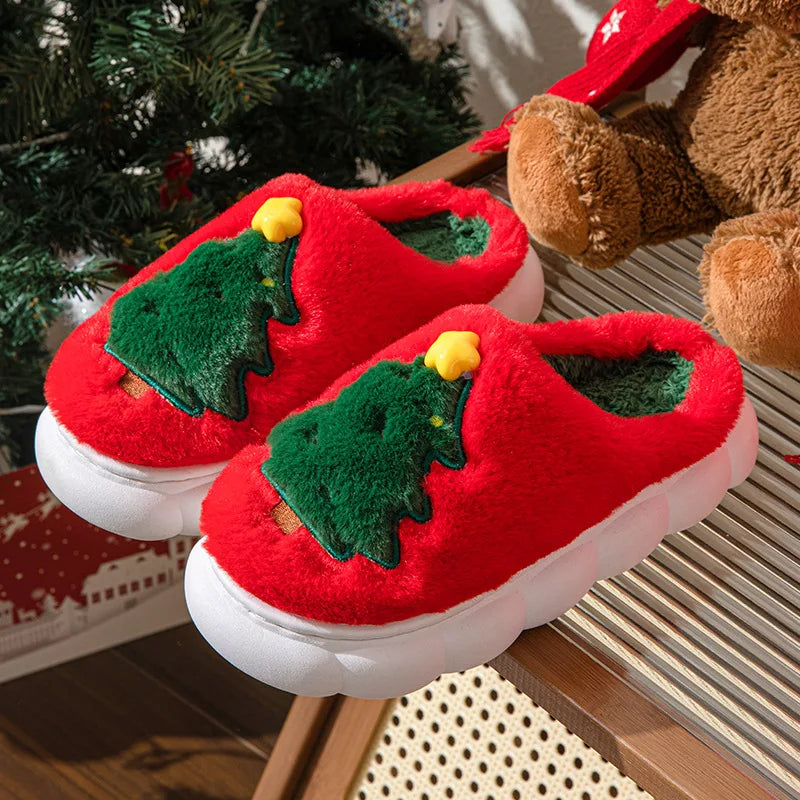 Christmas Themed Plush Slippers for Women and Men Cozy Home Winter Indoor Soft Cotton Shoes New Holiday Design