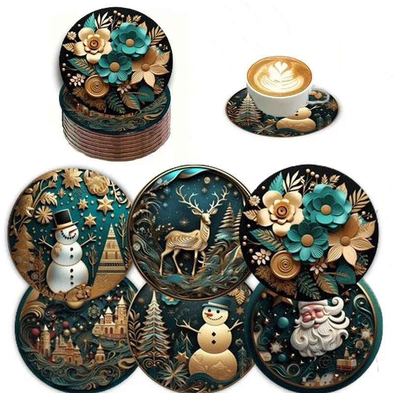 A set of 6-piece Christmas-themed wooden round coasters is suitable for kitchenware and can be given as a Christmas gift