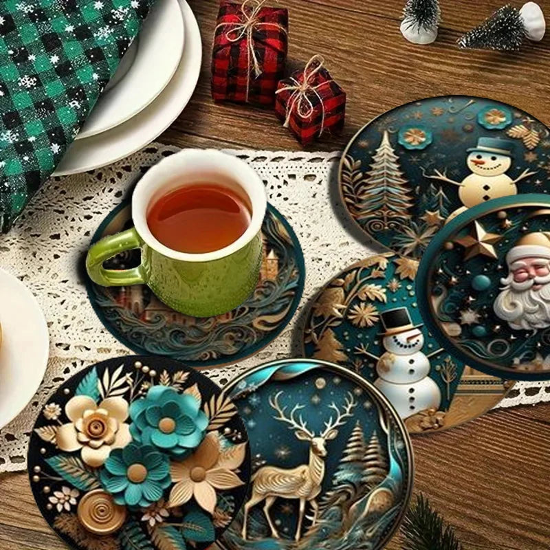 A set of 6-piece Christmas-themed wooden round coasters is suitable for kitchenware and can be given as a Christmas gift