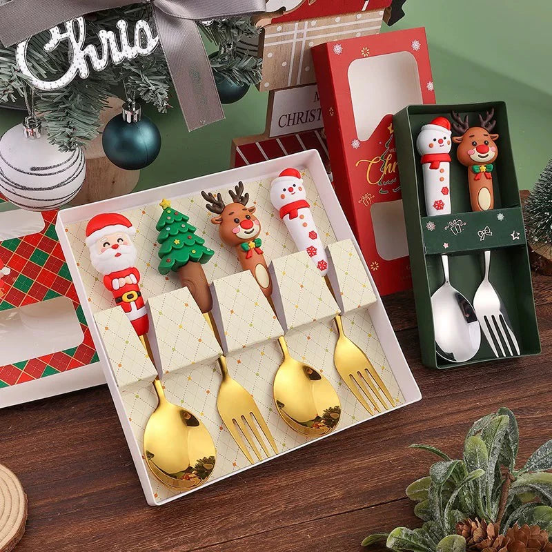 Christmas Cutlery Set Christmas Stainless Steel Forks and Spoons Dessert Spoon Fork Kitchen Utensil for Dinners & Seasonal